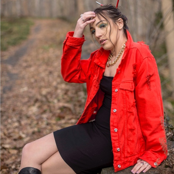 Red Ripped Denim Jacket - Picture 3 of 6